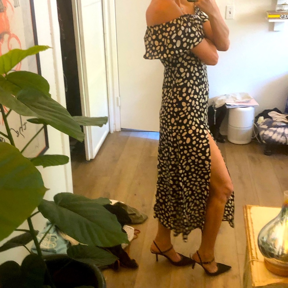 Stone cold fox over the shoulder polka dot dress